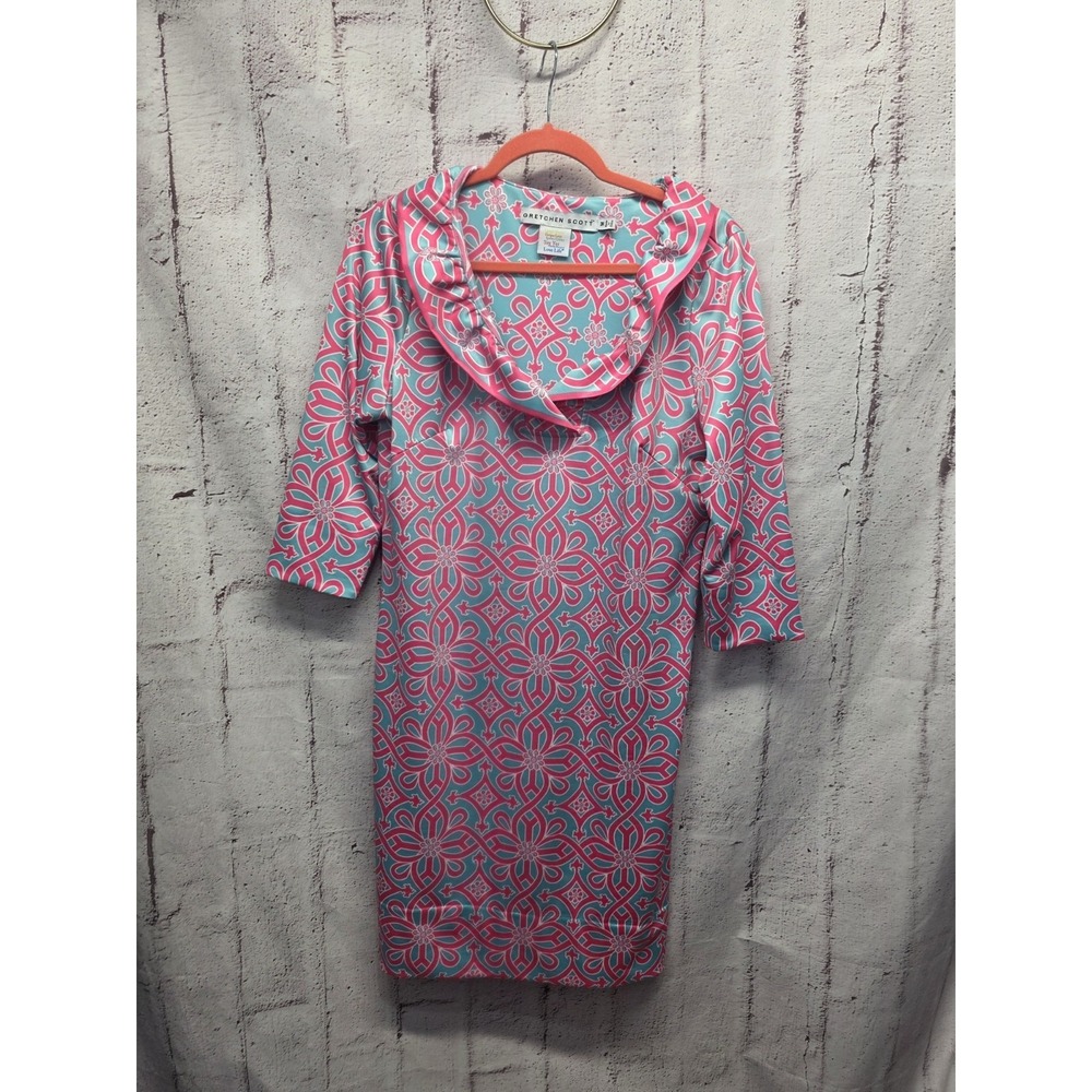 Gretchen Scott Dress S Pink Teal Geometric Ruffle Collar Resort Wear Colorful
